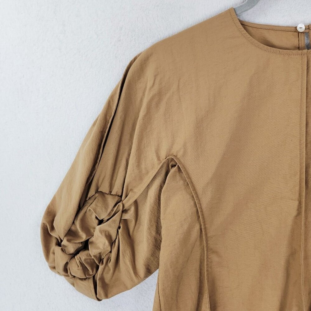 Deveaux New York Shirt Womens 0 Tan Beige Carrie Puff Sleeve Top Poplin Blouse - Picture 2 of 10